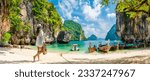 Small photo of Traveler woman on vacation beach joy nature panorama view scenic landscape island Krabi, Attraction famous popular place tourist travel Phuket Thailand summer holiday trips, Beautiful destination Asia