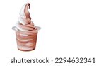 Small photo of Soft serve ice cream in a transparent cup isolated on white background. Mix Chocolate Vanilla twist flavor. Cold and sweet dessert. Landscape with copy space on the right side.