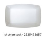 Empty white paper food tray isolated on white background with clipping path, top view. Mock up template, no label. Disposable, eco friendly, recycle packaging concept.