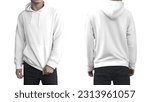 Small photo of Man hoody set, White hoody front and back view, hood mock up. Empty male hoody copy space. Front and rear background