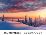 Fantastic winter landscape during sunset. colorful sky glowing by sunlight. Dramatic wintry scene. snow covered trees under warm sunlit. Sunlight sparkling in the snow. Splendid Alpine winter