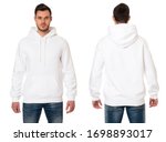 Man in white hooded sweatshirt on white background. Front view, back 