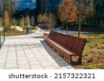 New modern bench in park. Outdoor city architecture, wooden outdoor chair, urban public furniture, empty plank seat, comfortable bench in recreation area