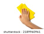 Cleaning cloth in hand isolated. Wipe yellow rag, cleaning microfiber towel, wiping cotton napkin, microfibre fabric for cleanliness, kitchen cloths on white background
