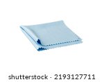 Blue glasses cloth isolated. Lens rag, eyeglasses cleaning microfiber clothes, display cleaning cloth, microfibre fabric for eyewear cleanliness on white background with clipping path