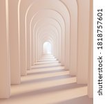 Archway white architecture. Arches Corridor inside building. 3d rendering. A light in the end of a tunnel