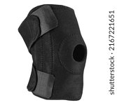 Small photo of voluminous sports or medical knee pad, with a fixator, to support the knee joint, with Velcro fasteners, on a white background, isolate