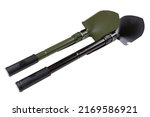 Small photo of two folding sapper or tourist shovels, black and green, on a white background, isolate
