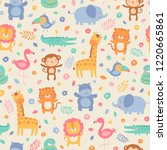 pastel cute jungle animals with ... | Shutterstock .eps vector #1220665861