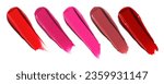 Small photo of Lipstick range of shades texture composition isolated on white background. Cosmetic product smear smudge swatch sample