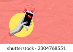 Small photo of Creative abstract template collage of woman hands scrolling smartphone screen social media icons notifications hearts likes browsing. The concept of social networking.
