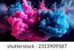 Small photo of Paint Ink drop in water, Motion color explosion smoke, Blue pink color fluid splash vapor cloud on glitter dust texture black abstract art background