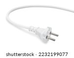 Small photo of Electric plug on white background. Electric European plug isolated on white background. White power cable with plug. Power cord close-up
