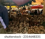 Small photo of People walking around the market in Saint Tropez tourists holiday vacation shopping stalls stall garlic bunch onions onion trade trading provenance place des Lices traditional France 20-8-19