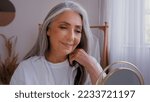 Small photo of 50s yeas old lady with gray hair enjoying skin moisture looking at mirror reflection touch face cream applying 60s age senior mature woman check cosmetology results facial cosmetics touching cheeks