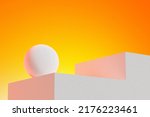 Minimal abstract scene with podium, air flying geometric bubble shapes on orange background. 3d rendering geometric shape, stage for awards on website in modern