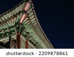 Korean traditional roof eaves, Night view of Hwaseong Haenggung Palace in Suwon, Korea