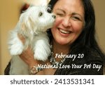 Small photo of February 20 20th National Love Your Pet Day. Holiday. Middle aged Indigenous Native Metis woman. White dog. Maltese mix cross. Small breed. Holding. Kiss kissing. Smile smiling. Affection. Happiness.