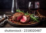 Small photo of Traditional bbq dry wagyu fillet steak with herbs and glass of wine close-up on gray board