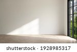 Small photo of 3d rendering picture of an empty living room with sunlight shine through a sliding door, wooden floor, white wall. Renovate, New house, Home loan, Property, Background, Mockup, Backdrop, Advertising.