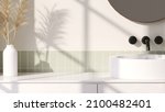 3D render an empty white vanity counter with ceramic washbasin and modern style faucet in a bathroom with morning sunlight and shadow. Blank space for products display mockup. Background, Wall tiles.