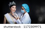 Small photo of Miss Beauty Queen Pageant Contest with Diamond crown sash is checked up by Beautician Doctor and recommend consult before Plastic Surgery, skin treatment, adjust face cheek bone rhinoplasty eyes lips