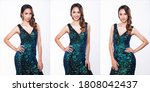 Small photo of Collage Group Pack Portrait of Young Slim Asian Woman wears sequin Evening Ball Gown long dress, Beautiful Girl poses half body in difference style snap, studio lighting white background isolated