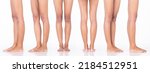 Small photo of Tanned skin Woman show legs knee bare foots toe, 360 front side rear view, white background isolated. Beautiful leg foot talents stand bare foot palm