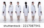 Small photo of Full length 30s 40s Asian Woman Doctor with stethoscope, 360 front side back rear view, wear formal Coat pant shoes. Smile Hospital female carry Patient Chart phone over white background isolated