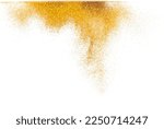 Small photo of Explosion metallic gold glitter sparkle bokeh isolated white background decoration. Golden Glitter powder spark blink celebrate, blur foil part explode in air, fly throw gold glitters particle shape