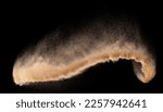 Small photo of Small size fine Sand flying explosion, Golden grain wave explode. Abstract cloud fly. Yellow colored sand splash silica in Air, Galaxy star universe sign symbol. Element Black background Isolated
