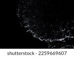 Small photo of Shape form droplet of Water splashes into drop water attack fluttering in air and stop motion freeze shot. Splash Water for texture graphic resource elements, black background isolated