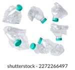 Small photo of Plastic Bottle fall fly in mid air, pet plastic bottle floating explosion with green lid. Used twist water plastic bottles throw in air. White background isolated freeze motion high speed shutter