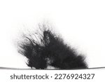Small photo of Small size black Sand flying explosion, carbon dust sands grain explode. Abstract cloud fly. Black colored sand splash throwing in Air. White background Isolated high speed shutter, throwing freeze