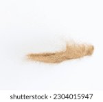 Small photo of Sand flying explosion, Golden sand wave explode. Abstract sands cloud fly. Yellow colored sand splash throwing in Air. White background Isolated high speed shutter, throwing freeze stop motion