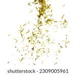 Small photo of Golden Confetti Foil fall splashing in air. Gold Confetti Foil explosion flying, abstract cloud fly. Many Party glitter scatter in many group. White background isolated