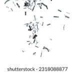 Small photo of Silver Confetti Foil fall splashing in air. Silver Confetti Foil explosion flying, abstract cloud fly. Many Party glitter scatter in many group. White background isolated high speed shutter freeze