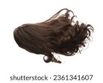 Small photo of Curl Wig hair style fly fall explosion. Curly brunette woman wig hair float in mid air. Wave curl wig hair extension wind blow cloud throw. White background isolated high speed freeze motion