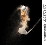 Small photo of Golf ball tee explode from sand bunker. Golfer hit ball with club to sand explosion to green. Golf club hit ball tee in sand wedge bunker explosion. Black background isolated freeze motion