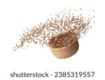 Small photo of Coriander seed fly throw up in wooden bowl, brown coriander seed float explode, abstract cloud fly. Dried coriander seeds splash throwing in Air. White background Isolated high speed shutter, freeze