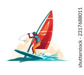 Summer water sports, windsurfer gracefully gliding across the shimmering surface of a turquoise ocean, with the sun-kissed beach and blue skies as a backdrop. Vector Illustration