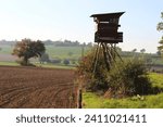 Small photo of High seat, hunt, hunter, hunt, hunting, hunting ground, landscape, meadow, field, cornfield, hut, wooden hut, seat, tower, observation tower, agriculture, rural