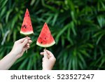 Summer mood. Watermelon on a stick in the hands of the girl on a background of green leaves.