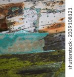 Small photo of Bow detail-shipwreck, the Protector III; Planking and remains of copper, shipwreck, the Protector III; Rust streaks on copper, shipwreck, the Protector III; New Island, Falkland Islands