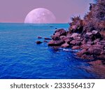 International moon day, beautiful moon, blue sea, scenic view of blue sea at night with moon, photography, moon over the ocean wallpaper, wallpaper, abstract, colorful sky, rock formation with see.