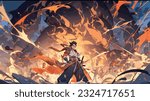 fantasy anime of a man with swords in front of a large fire