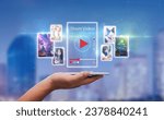 Small photo of Short Video marketing concept.Man hands holding mobie phone short video player with blurred city as background