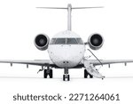 Front view of the private jet with an opened gangway isolated on white background