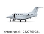 Small photo of Modern private jet with an opened gangway door isolated on white background