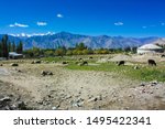 Small photo of Beautiful landscape view of Himalayas, background with blue sky, clouds and Himalaya mountains in Ladakh,India. Indian Tibet region in Jammu and Kashmir,India. Travel Ladakh, India.